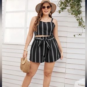SHEIN Plus Striped Cami Top With Belted Shorts